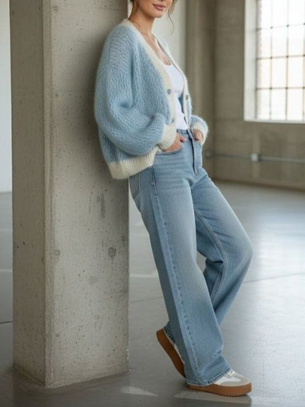 Blue White Loose Fit Knit Cardigan Jacket